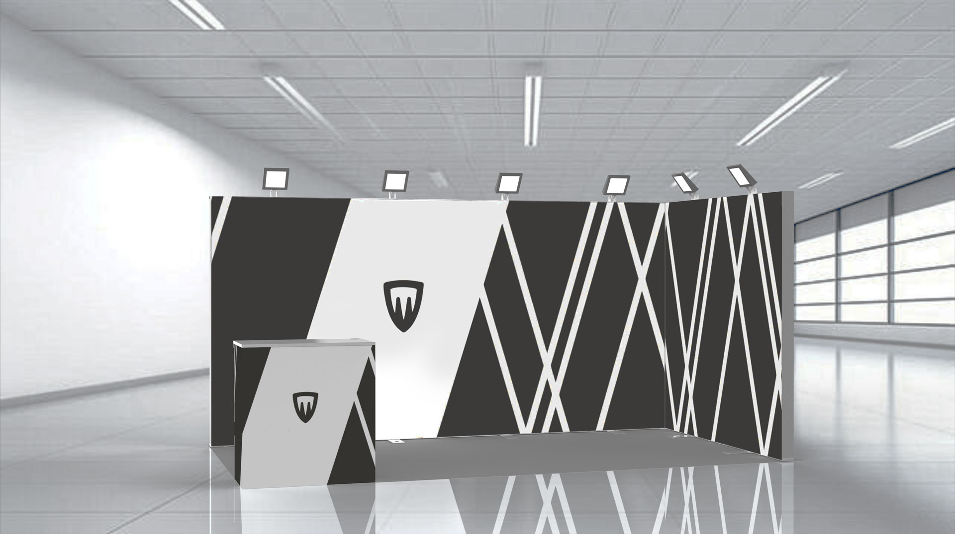 stand fiera con mensole e nicchie espositive